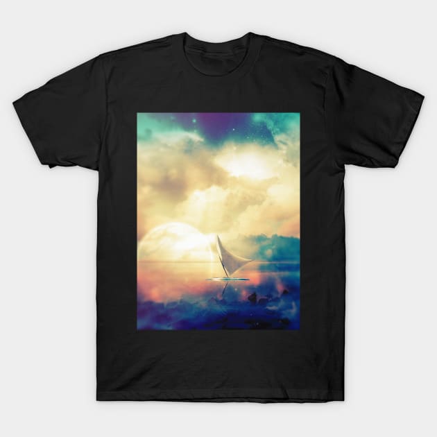 Surreal Blue Digital Art Collage with Sailboat on Lake T-Shirt by Sizzlinks